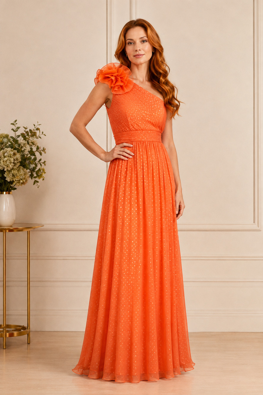 NEW MAC DUGGAL Formal Gown 2 Long Maxi Dress Orange Gold Dot One Shoulder Event